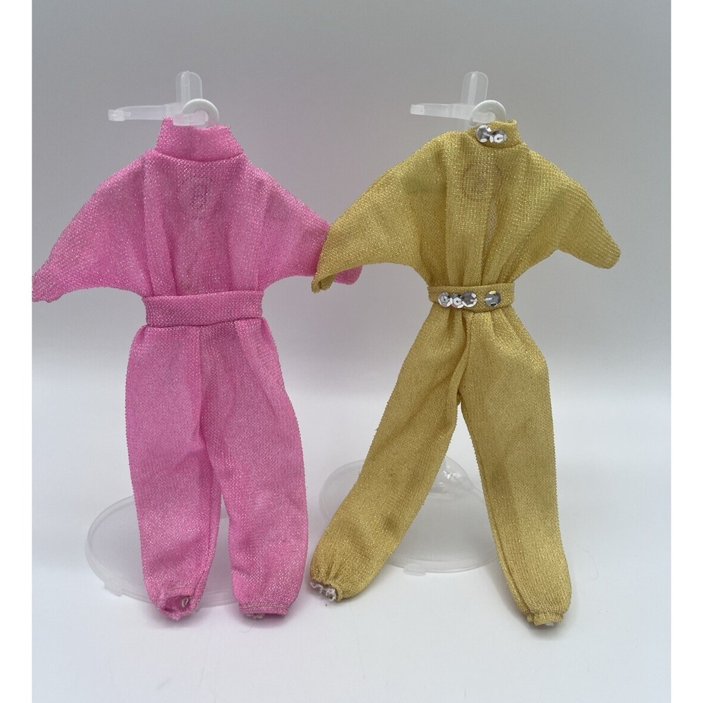 Vintage 1980s Fashion Doll Jumpsuit Lot Pink Gold Sparkle Clone Outfits Set of 2